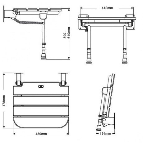 AKW Fold Up Wooden Slatted Shower Seat With Support Legs - Adaptation Supplies